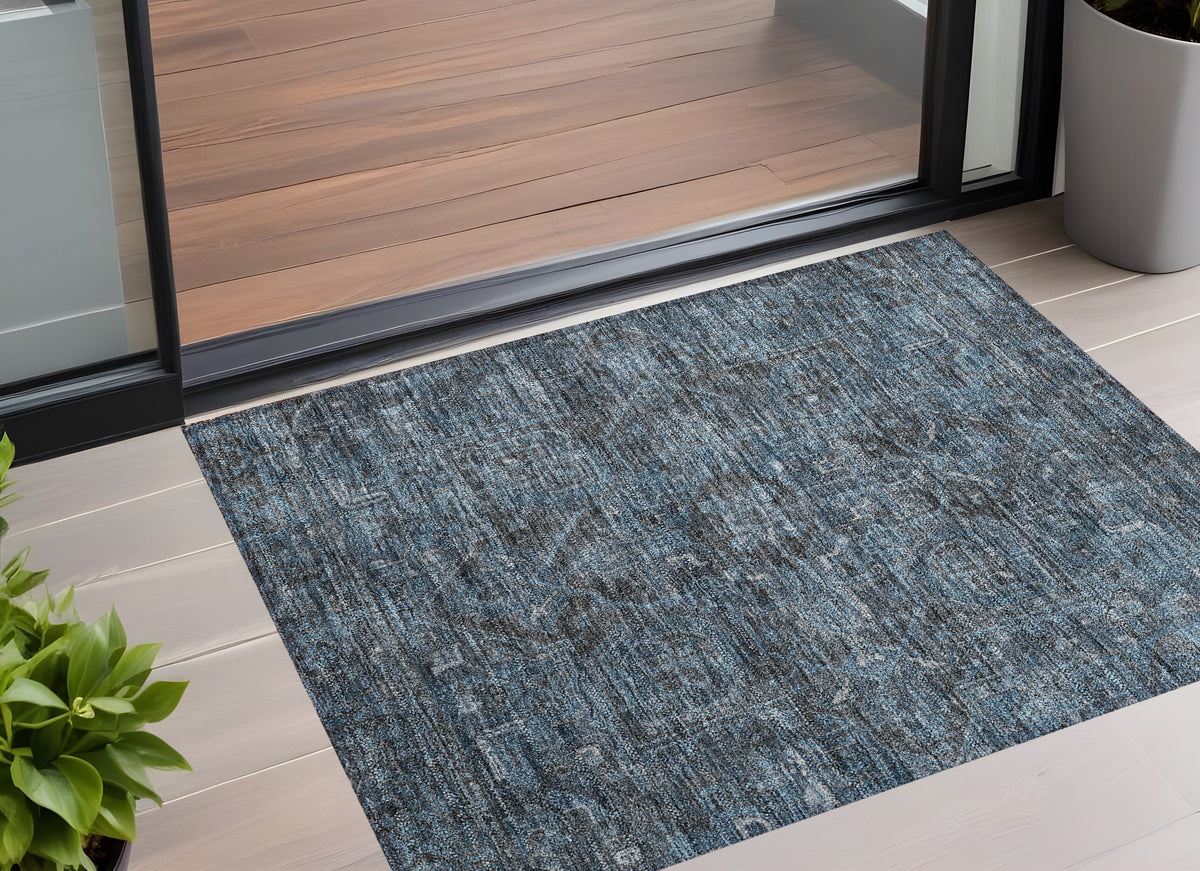 3' X 5' Navy And Black Oriental Washable Non Skid Indoor Outdoor Area Rug