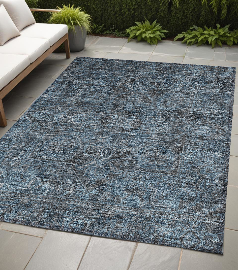 5' X 8' Navy And Black Oriental Washable Non Skid Indoor Outdoor Area Rug