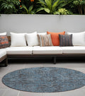 8' Round Navy And Black Round Oriental Washable Non Skid Indoor Outdoor Area Rug
