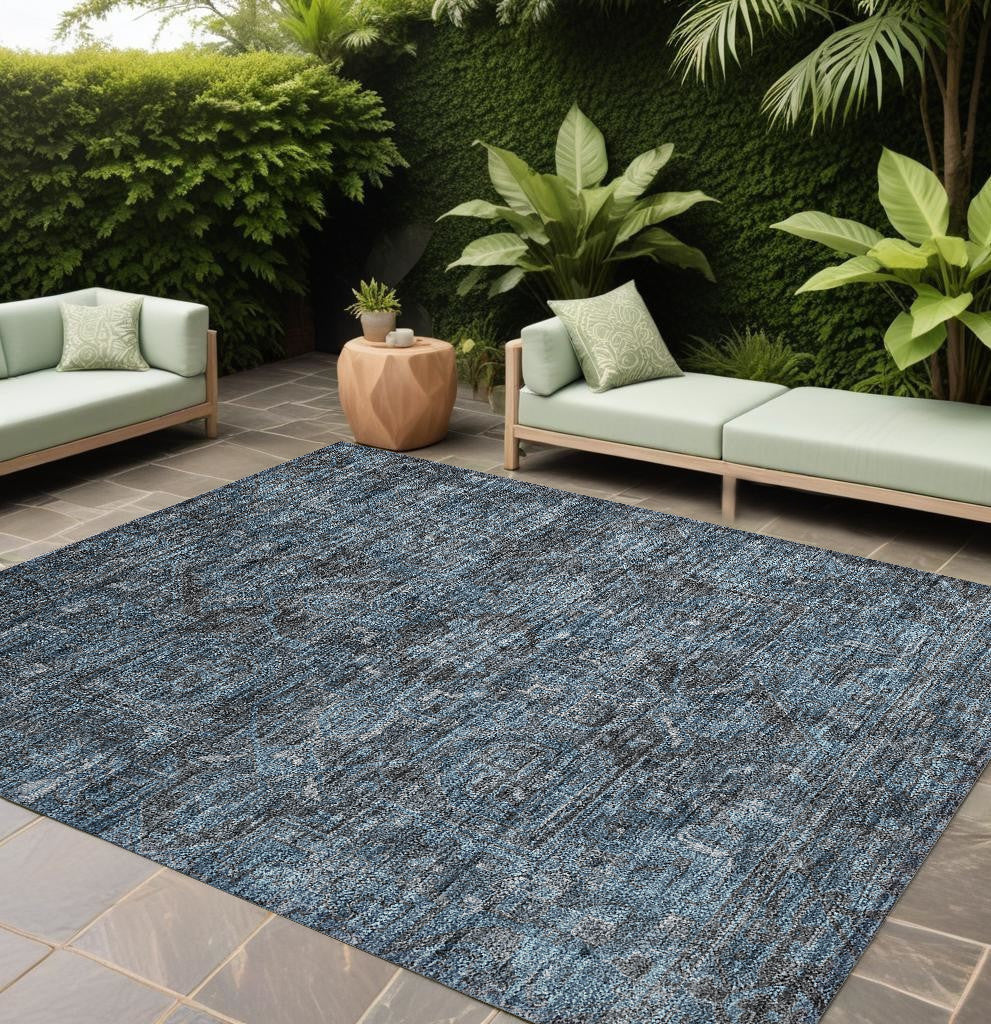 9' X 12' Navy And Black Oriental Washable Non Skid Indoor Outdoor Area Rug