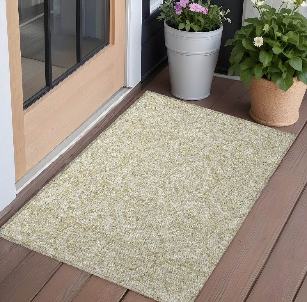 3' X 5' Light Green Damask Washable Non Skid Indoor Outdoor Area Rug