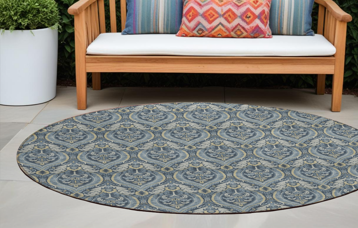 8' Round Blue And Cream Round Damask Washable Non Skid Indoor Outdoor Area Rug