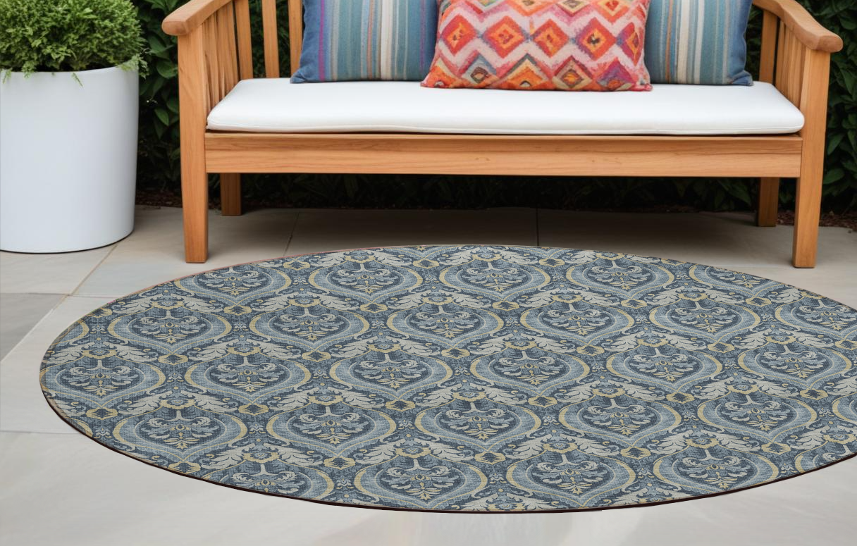 8' Round Blue And Cream Round Damask Washable Non Skid Indoor Outdoor Area Rug