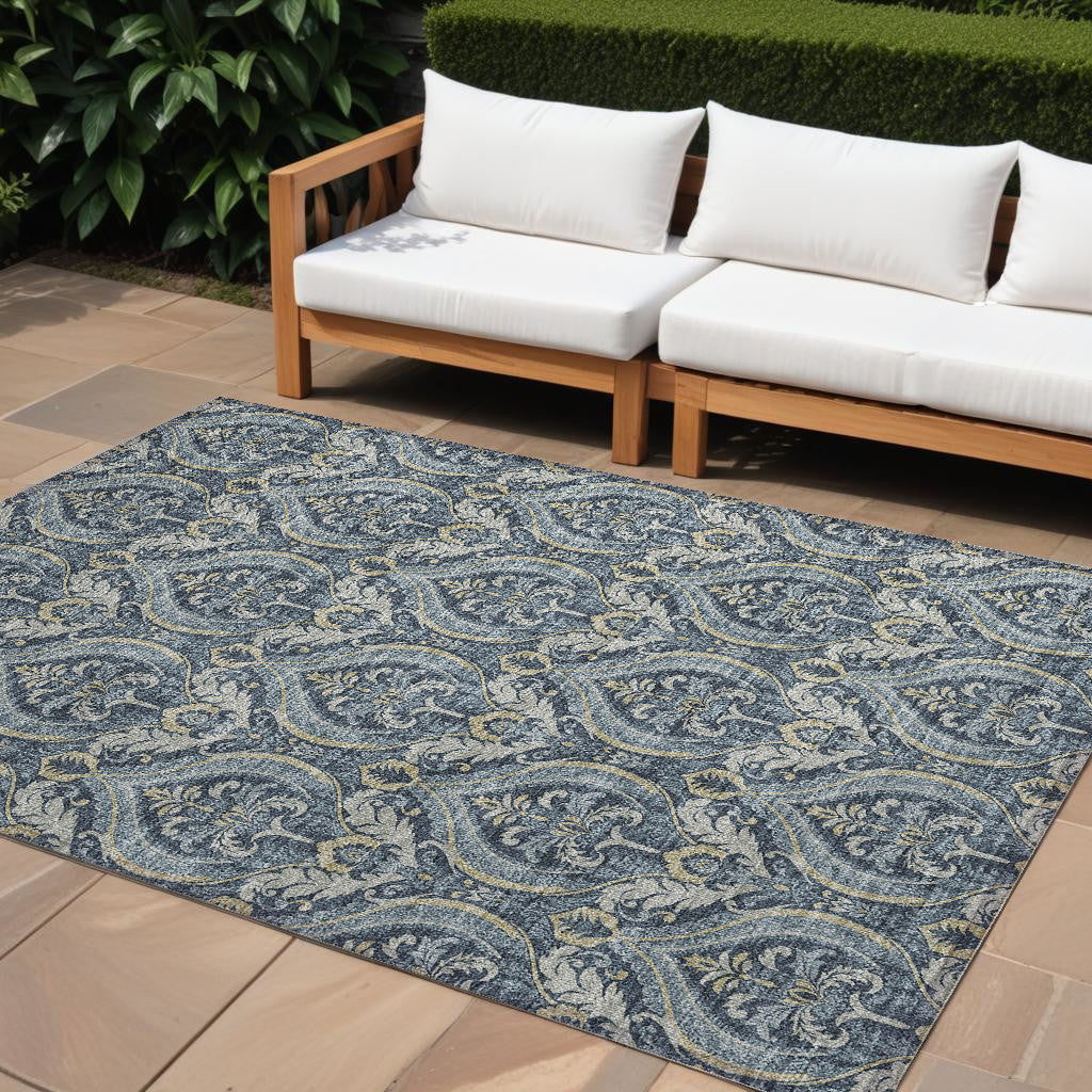 9' X 12' Blue And Cream Damask Washable Non Skid Indoor Outdoor Area Rug
