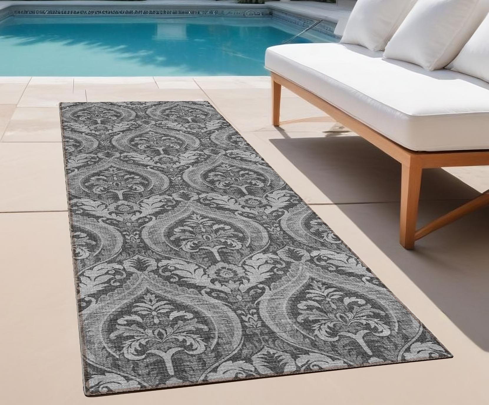 8' Runner Gray Damask Washable Non Skid Indoor Outdoor Runner Rug