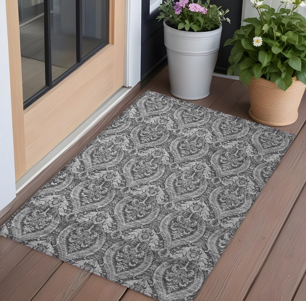 3' X 5' Gray Damask Washable Non Skid Indoor Outdoor Area Rug