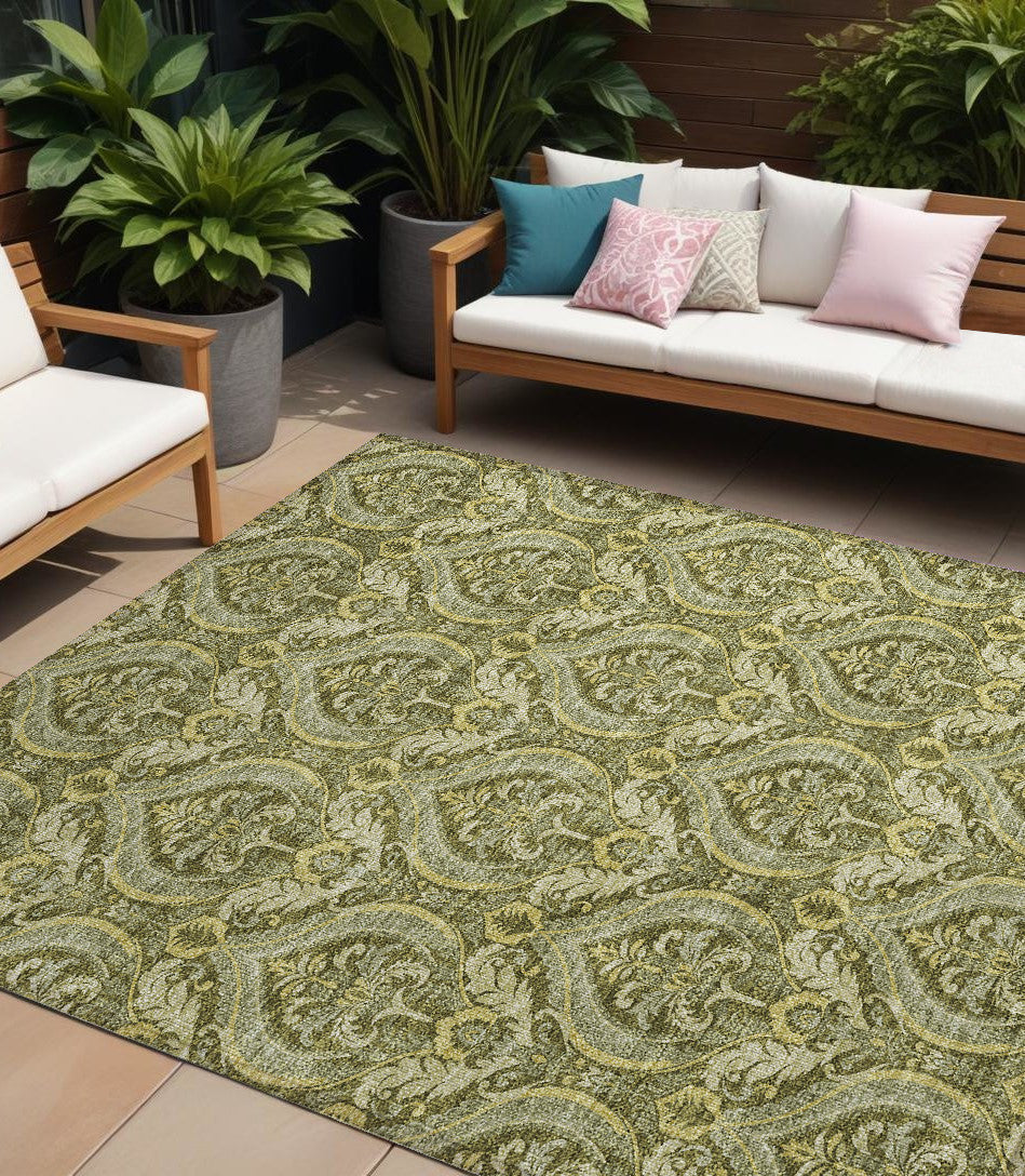 10' X 14' Green Damask Washable Non Skid Indoor Outdoor Area Rug