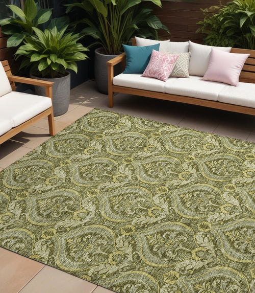 10' X 14' Green Damask Washable Non Skid Indoor Outdoor Area Rug