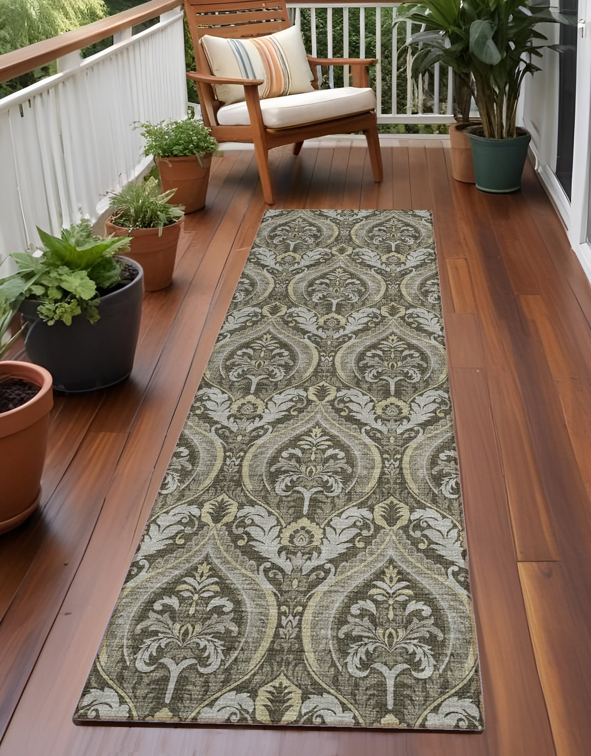 8' Runner Taupe And Beige Damask Washable Non Skid Indoor Outdoor Runner Rug