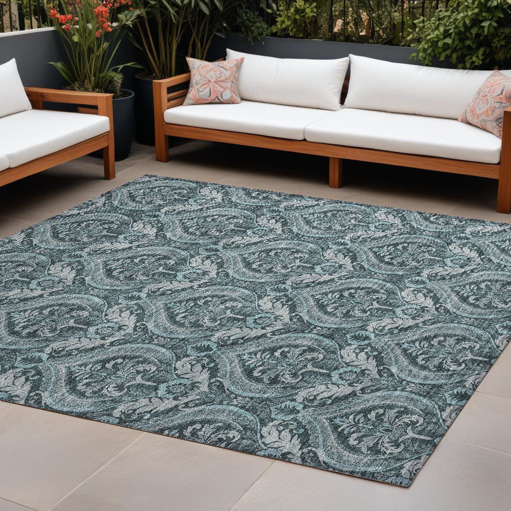 10' X 14' Teal Damask Washable Non Skid Indoor Outdoor Area Rug