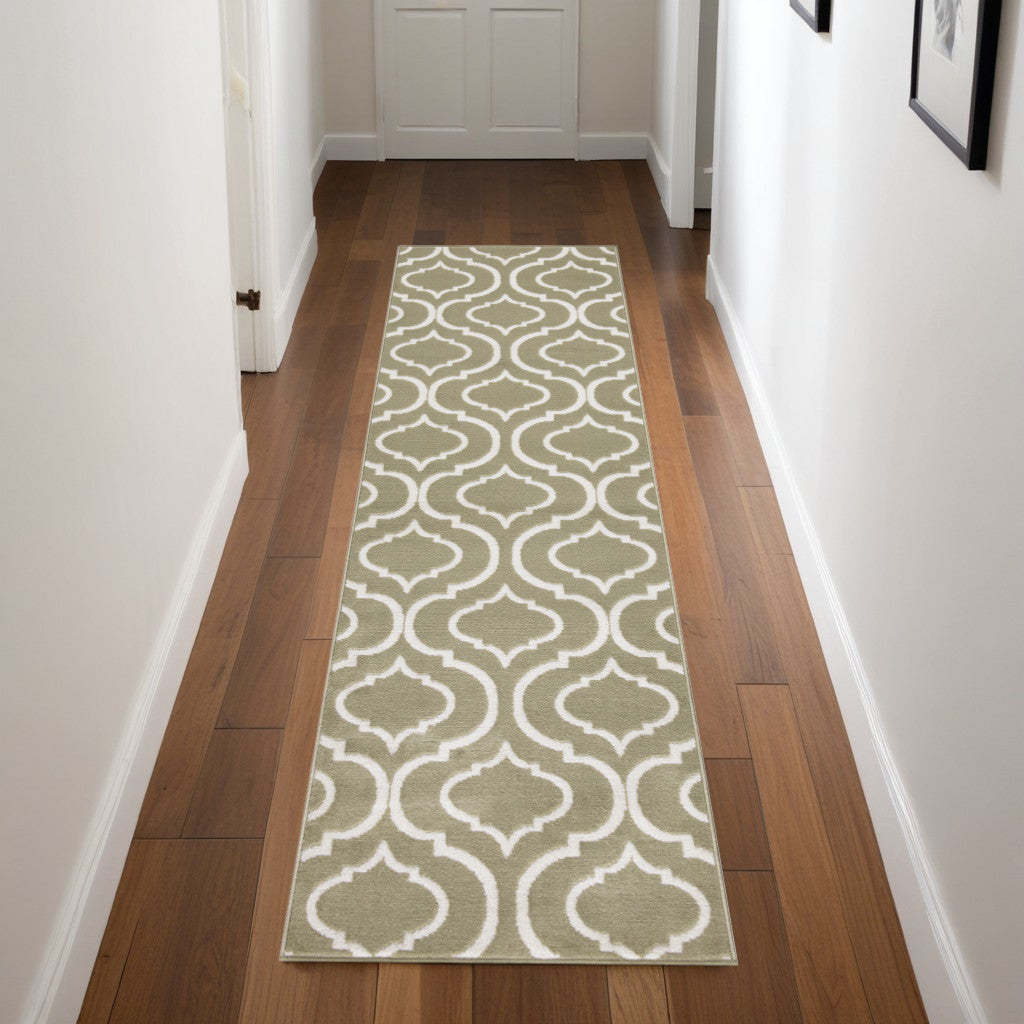 7' Olive Green and Ivory Trellis Non Skid Runner Rug