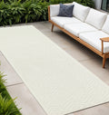 10 Ivory And White Geometric Indoor Outdoor Runner Rug
