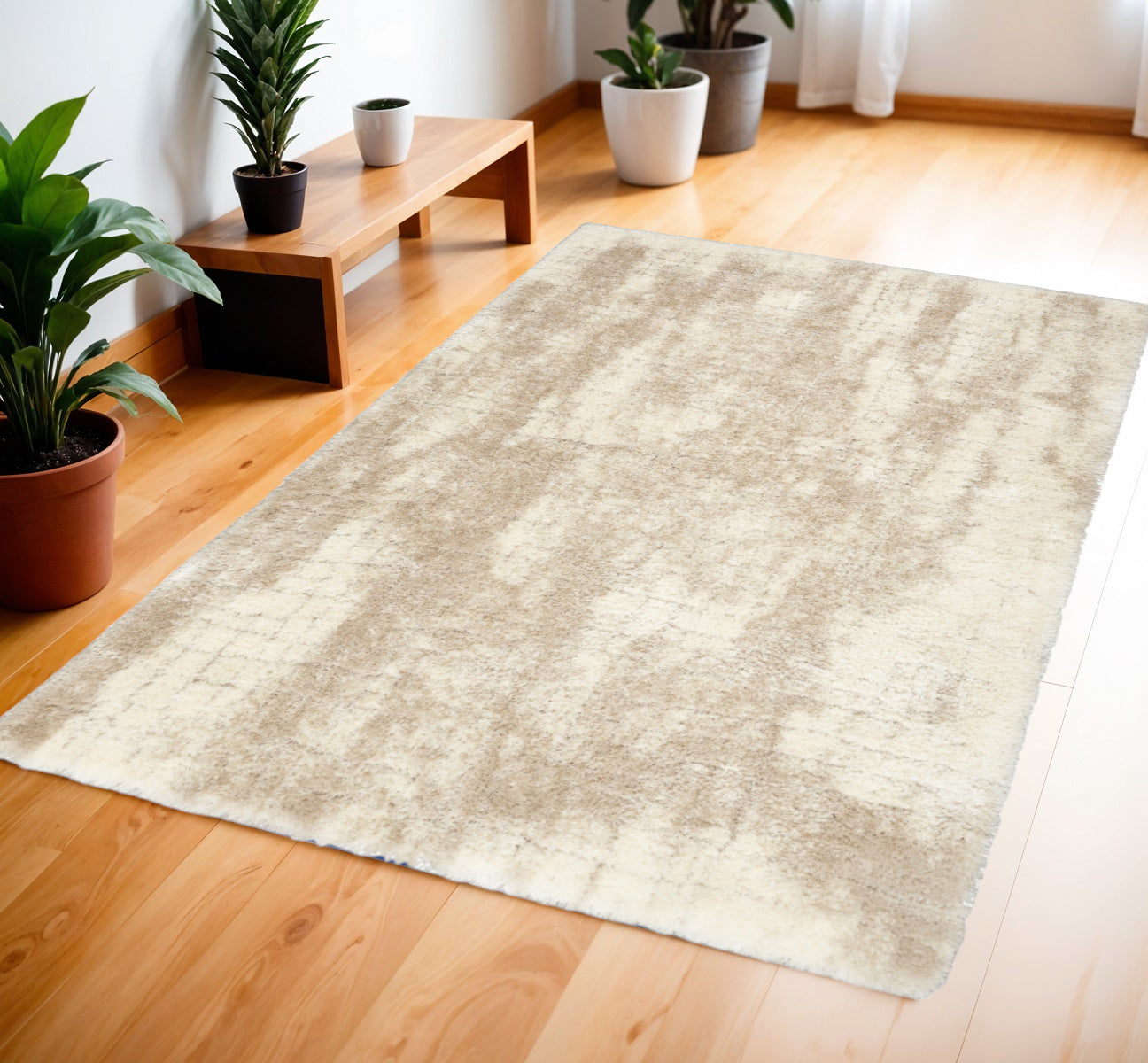 4' X 6' Beige and Ivory Abstract Shag Area Rug