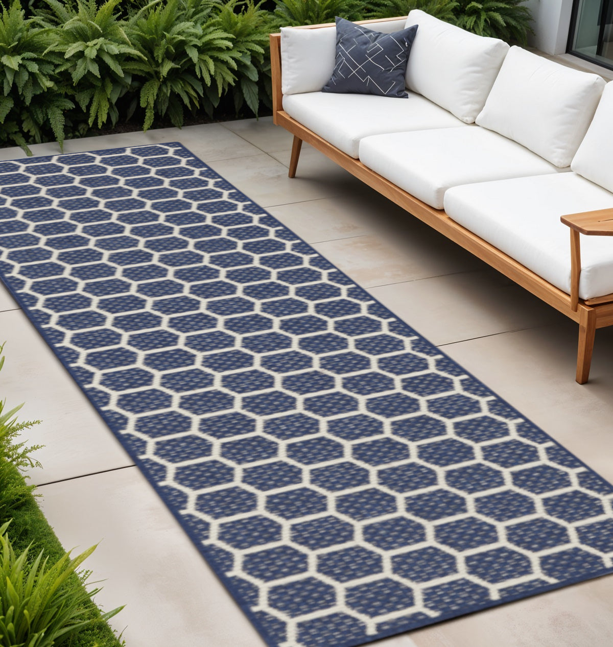 12 Navy Blue And Ivory Geometric Indoor Outdoor Runner Rug