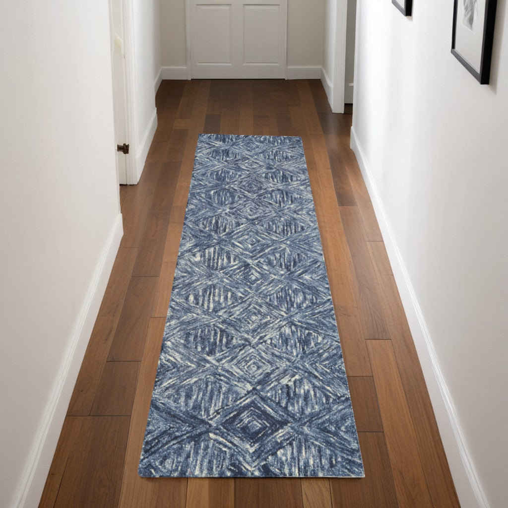 8' Denim Blue and Ivory Wool Geometric Runner Rug