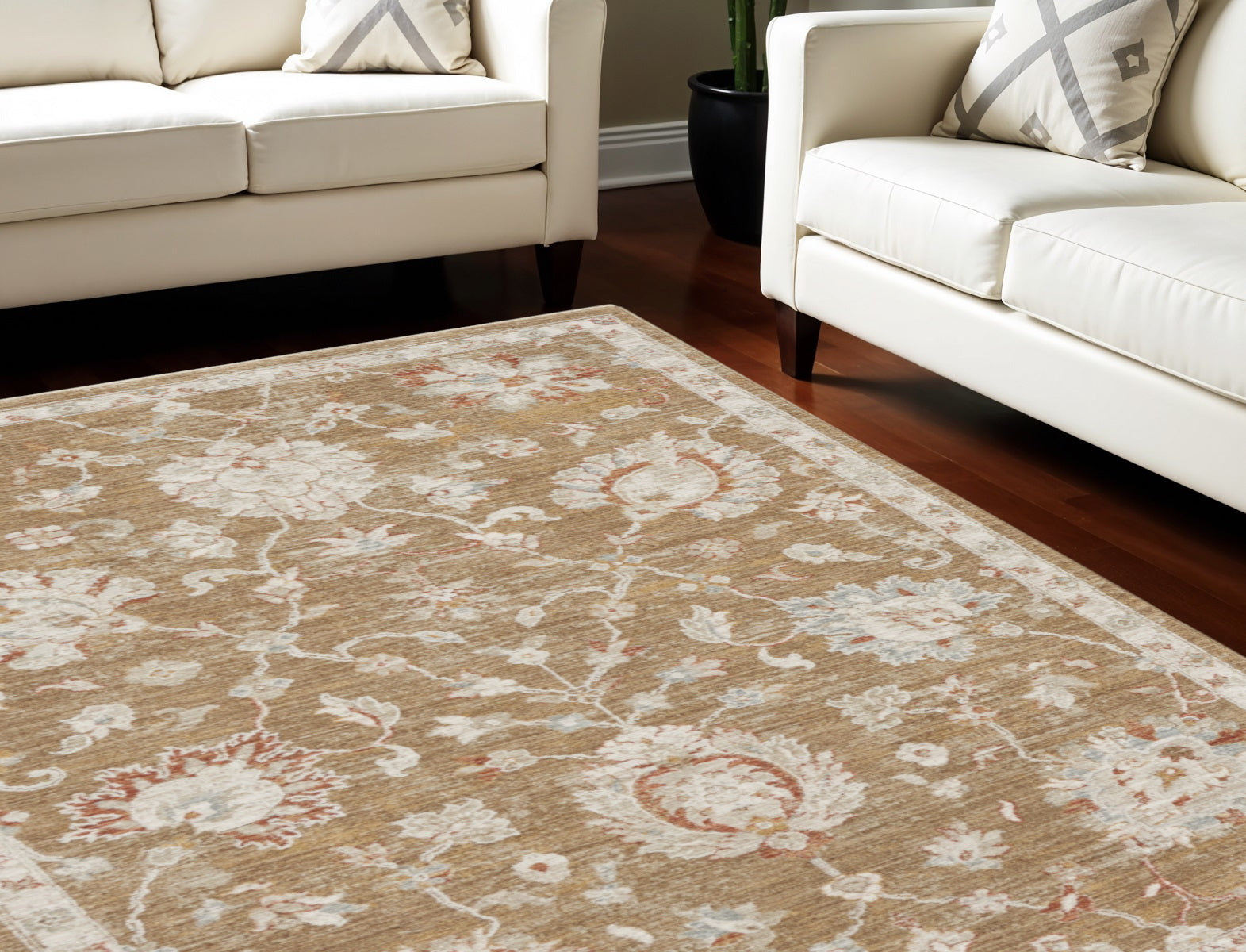 9' X 13' Brown Floral Power Loom Distressed Area Rug With Fringe
