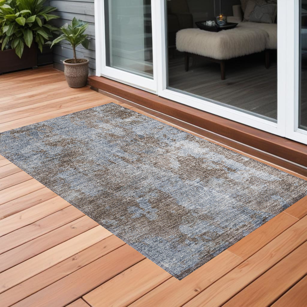 3' X 5' Mocha And Blue Abstract Washable Non Skid Indoor Outdoor Area Rug