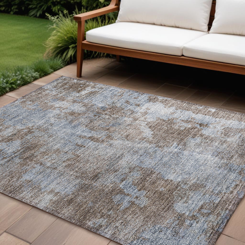 9' X 12' Mocha And Blue Abstract Washable Non Skid Indoor Outdoor Area Rug