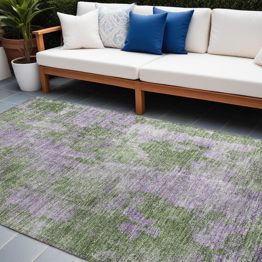 9' X 12' Green And Purple Abstract Washable Non Skid Indoor Outdoor Area Rug
