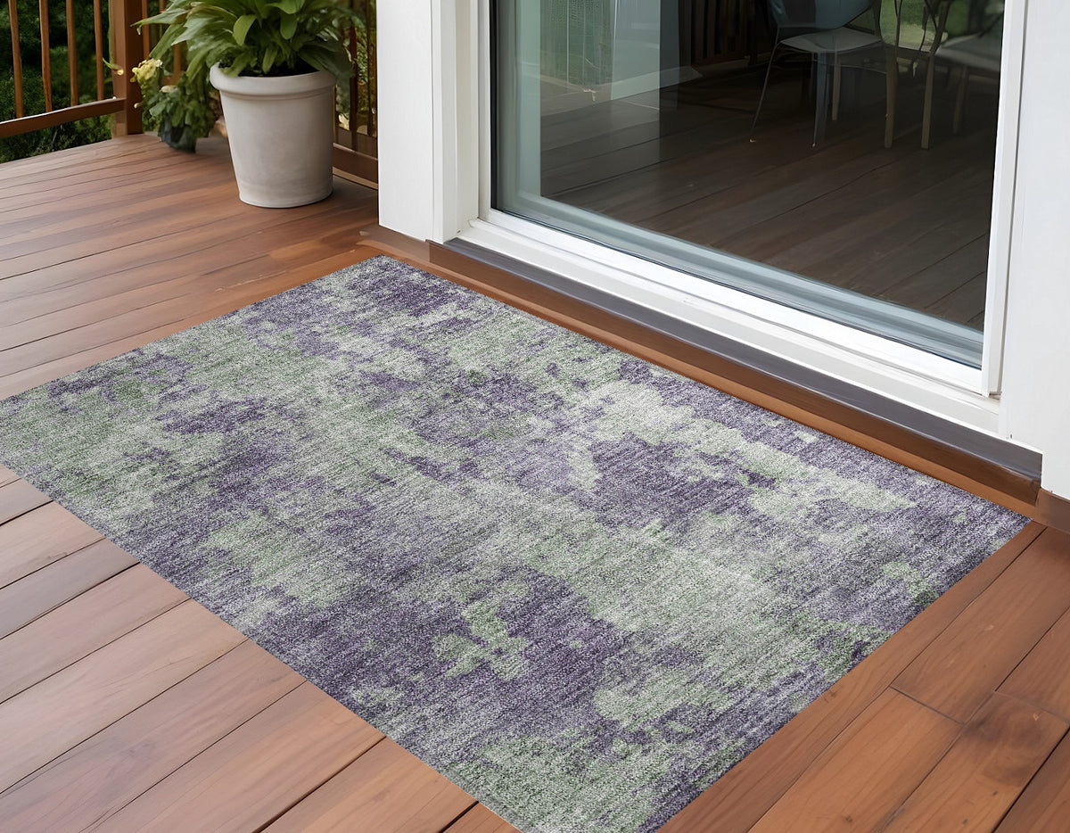 3' X 5' Purple And Green Abstract Washable Non Skid Indoor Outdoor Area Rug
