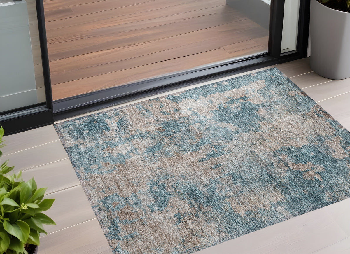 3' X 5' Teal And Taupe Abstract Washable Non Skid Indoor Outdoor Area Rug