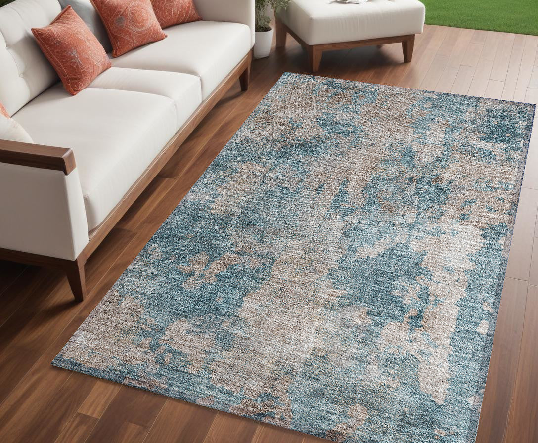 5' X 8' Teal And Taupe Abstract Washable Non Skid Indoor Outdoor Area Rug