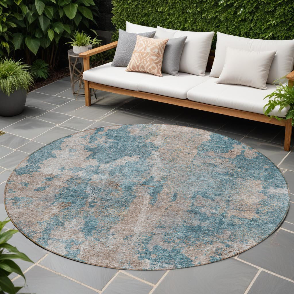 8' Round Teal And Taupe Round Abstract Washable Non Skid Indoor Outdoor Area Rug