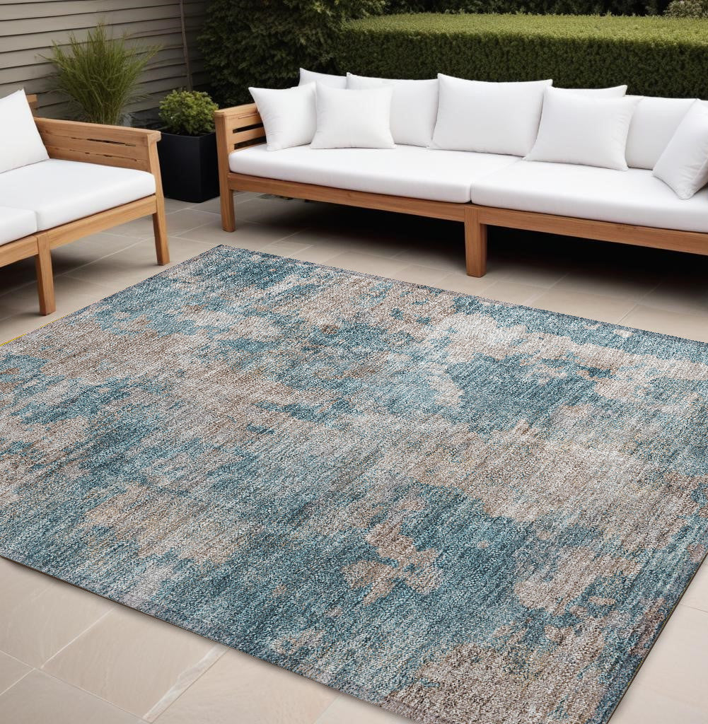 9' X 12' Teal And Taupe Abstract Washable Non Skid Indoor Outdoor Area Rug