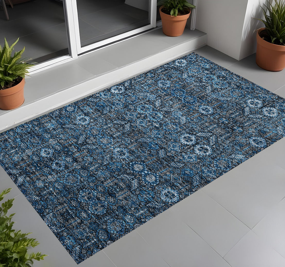 2' X 3' Blue And Black Floral Washable Non Skid Indoor Outdoor Area Rug
