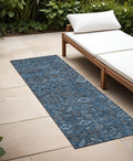 8' Runner Blue And Black Floral Washable Non Skid Indoor Outdoor Runner Rug