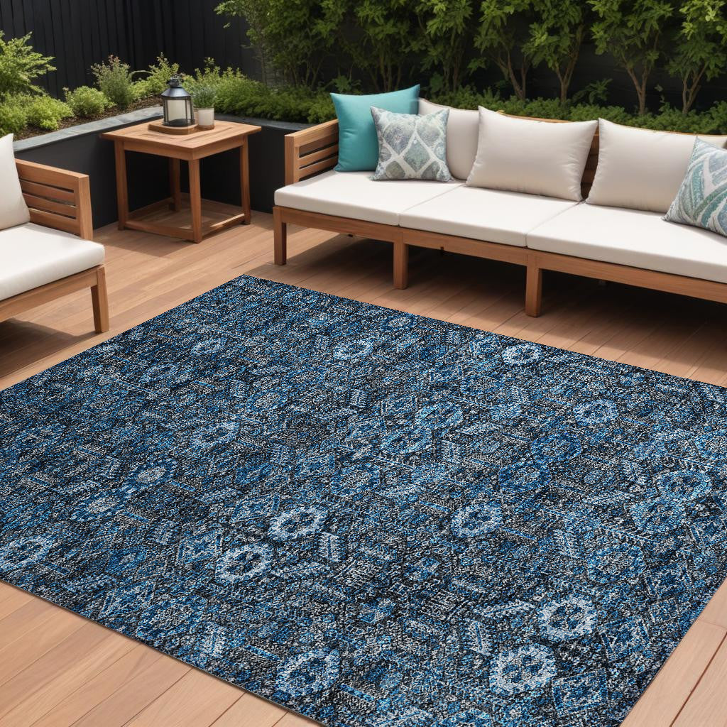 9' X 12' Blue And Black Floral Washable Non Skid Indoor Outdoor Area Rug