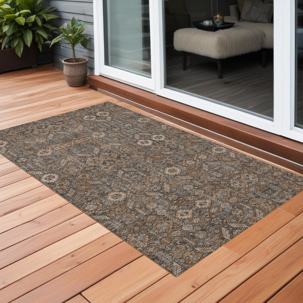 3' X 5' Chocolate Floral Washable Non Skid Area Rug With Uv Protection