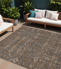 10' X 14' Chocolate Floral Washable Non Skid Indoor Outdoor Area Rug