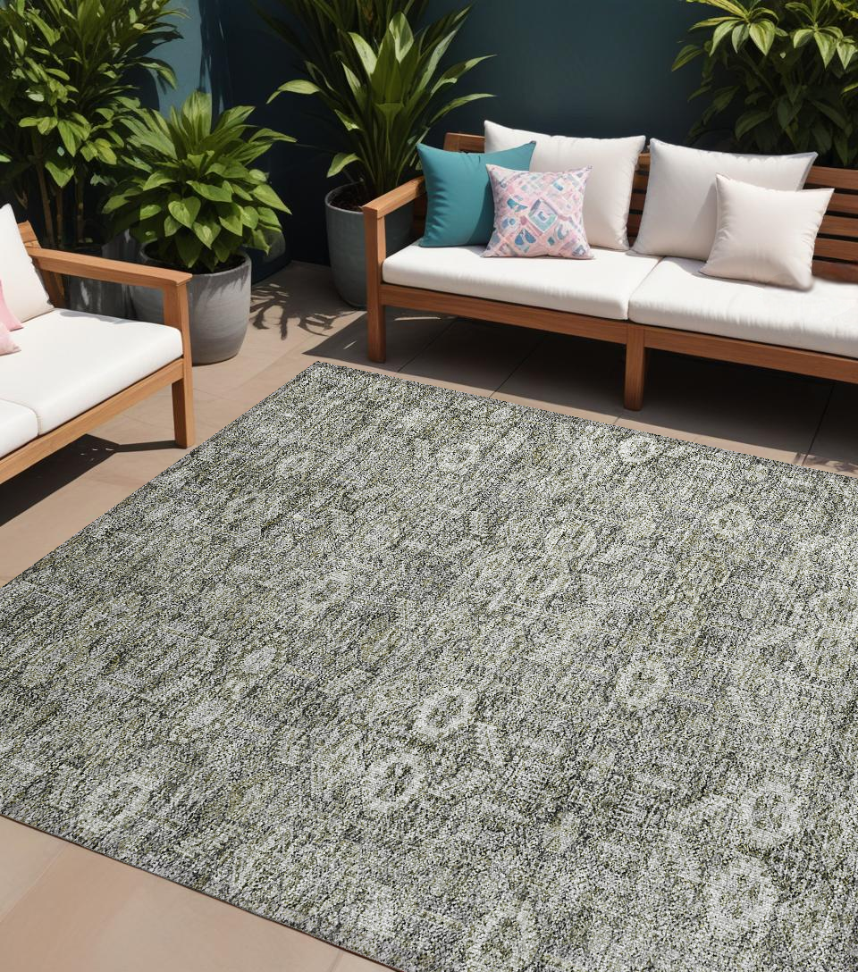 9' X 12' Cream And Tan Floral Washable Non Skid Indoor Outdoor Area Rug