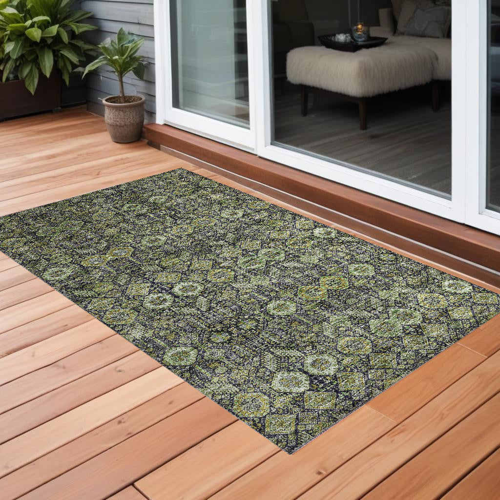 3' X 5' Blue And Green Floral Washable Non Skid Indoor Outdoor Area Rug