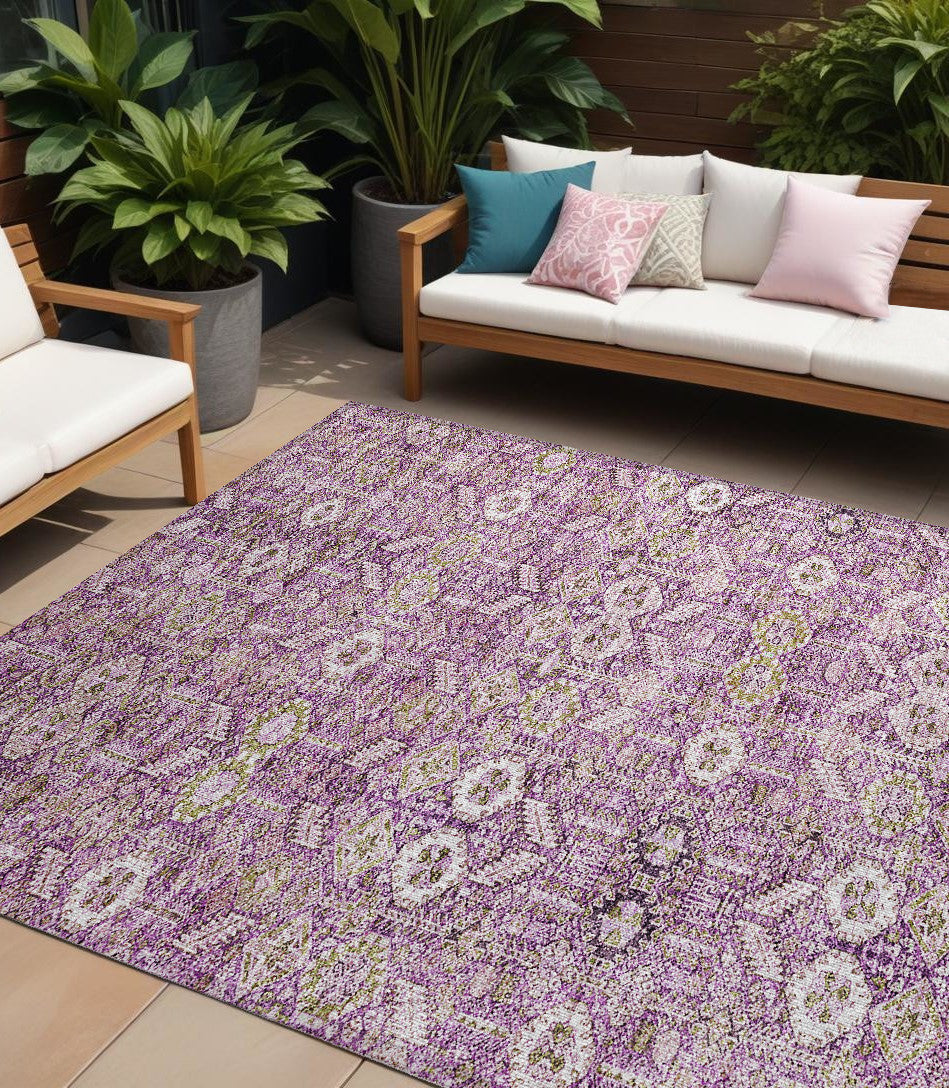 9' X 12' Lavender And Ivory Floral Washable Non Skid Indoor Outdoor Area Rug