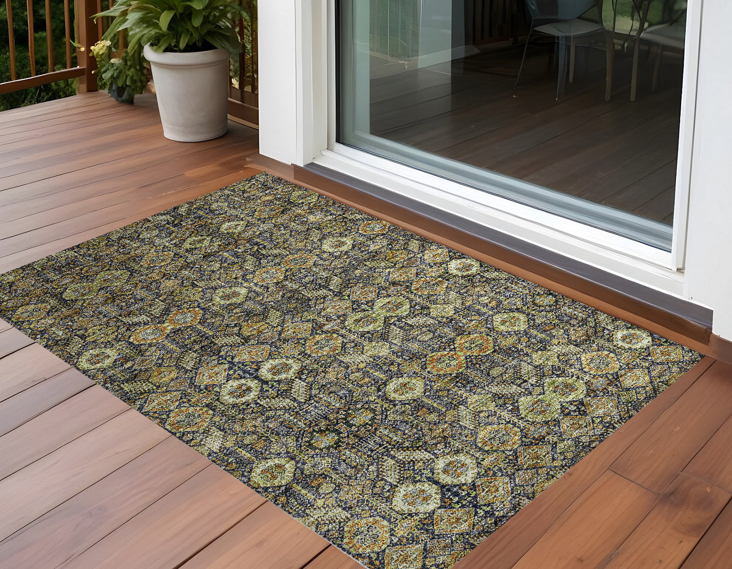 3' X 5' Blue And Orange Floral Washable Non Skid Indoor Outdoor Area Rug