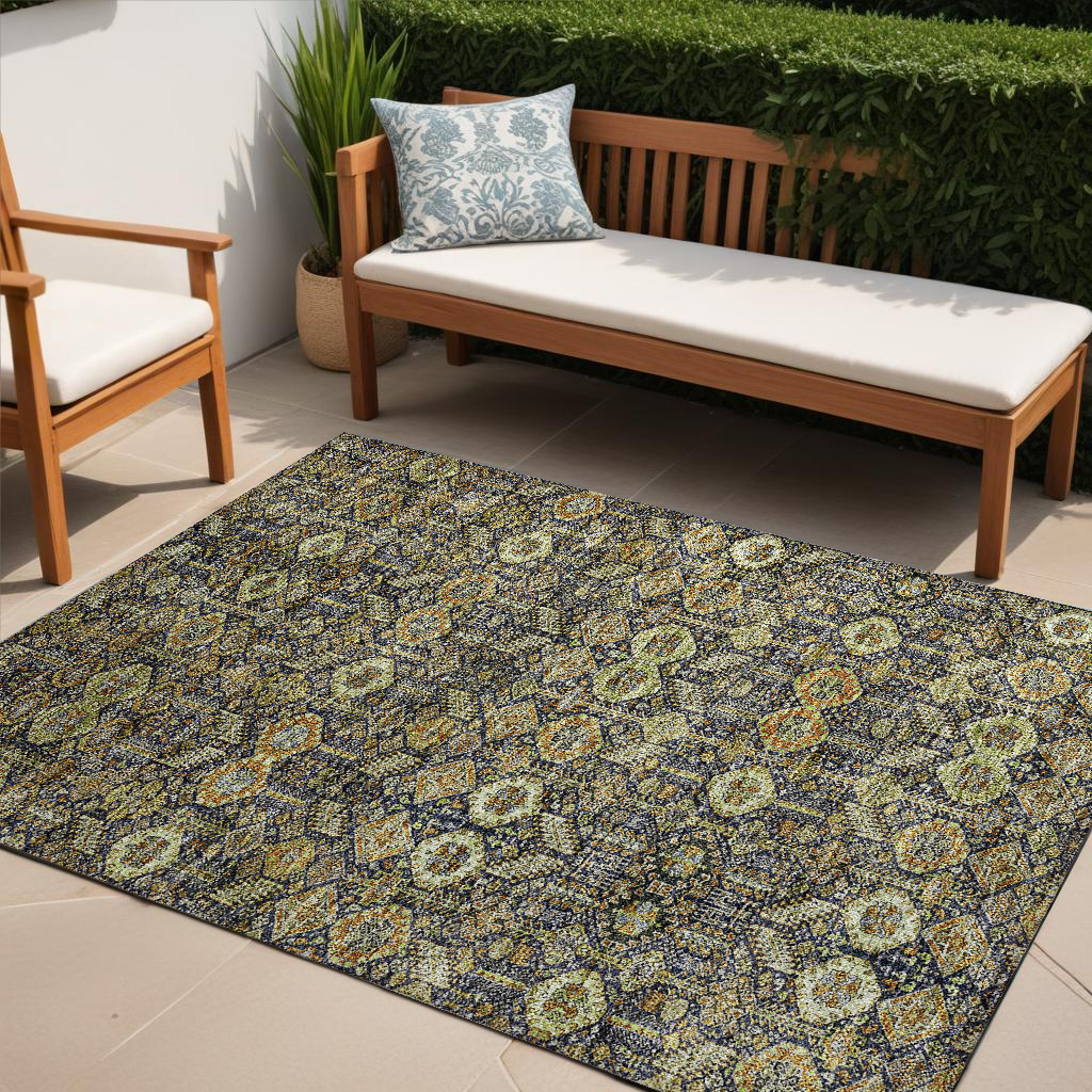 5' X 8' Blue And Orange Floral Washable Non Skid Indoor Outdoor Area Rug