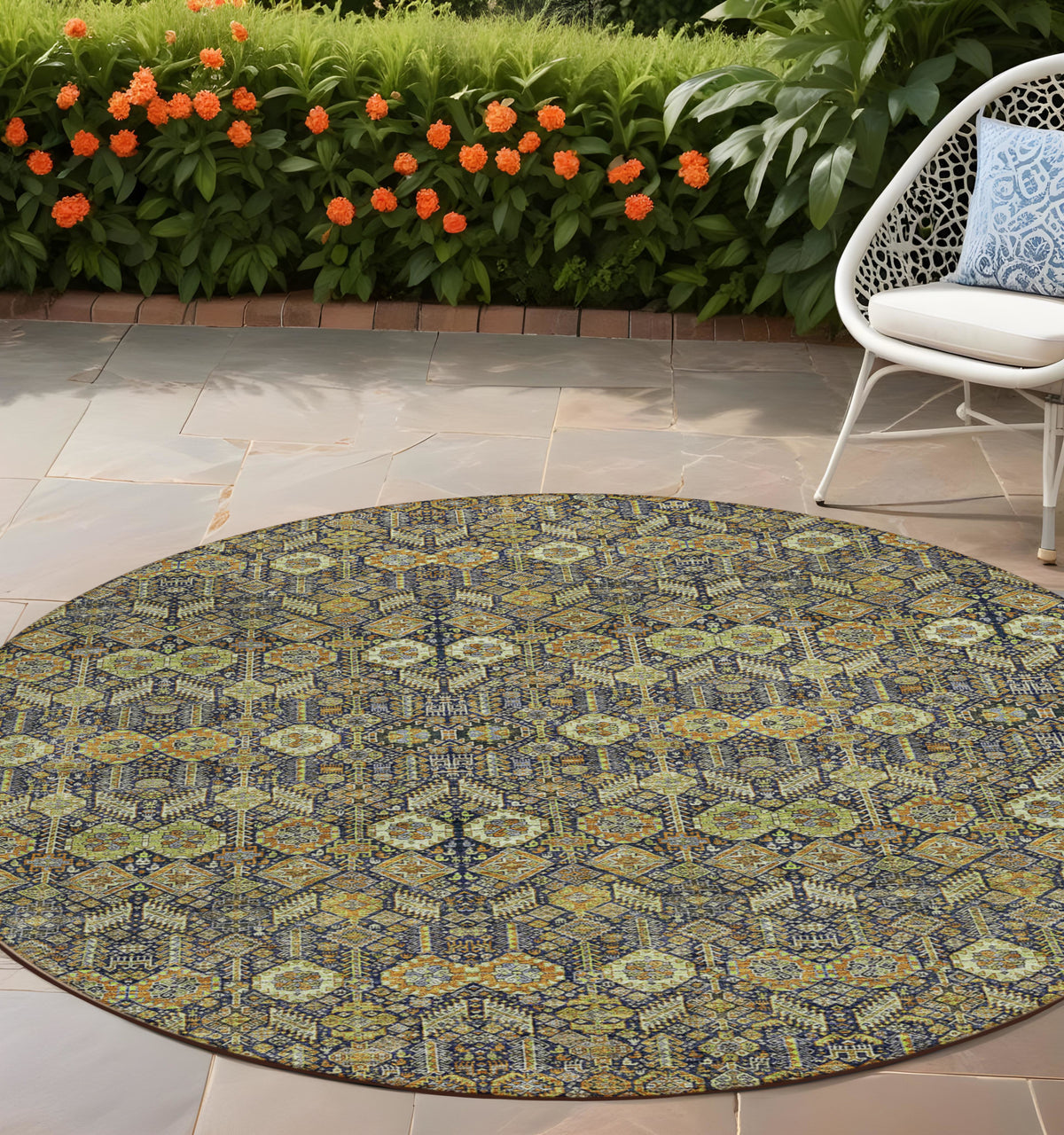 8' Round Blue And Orange Round Floral Washable Non Skid Indoor Outdoor Area Rug