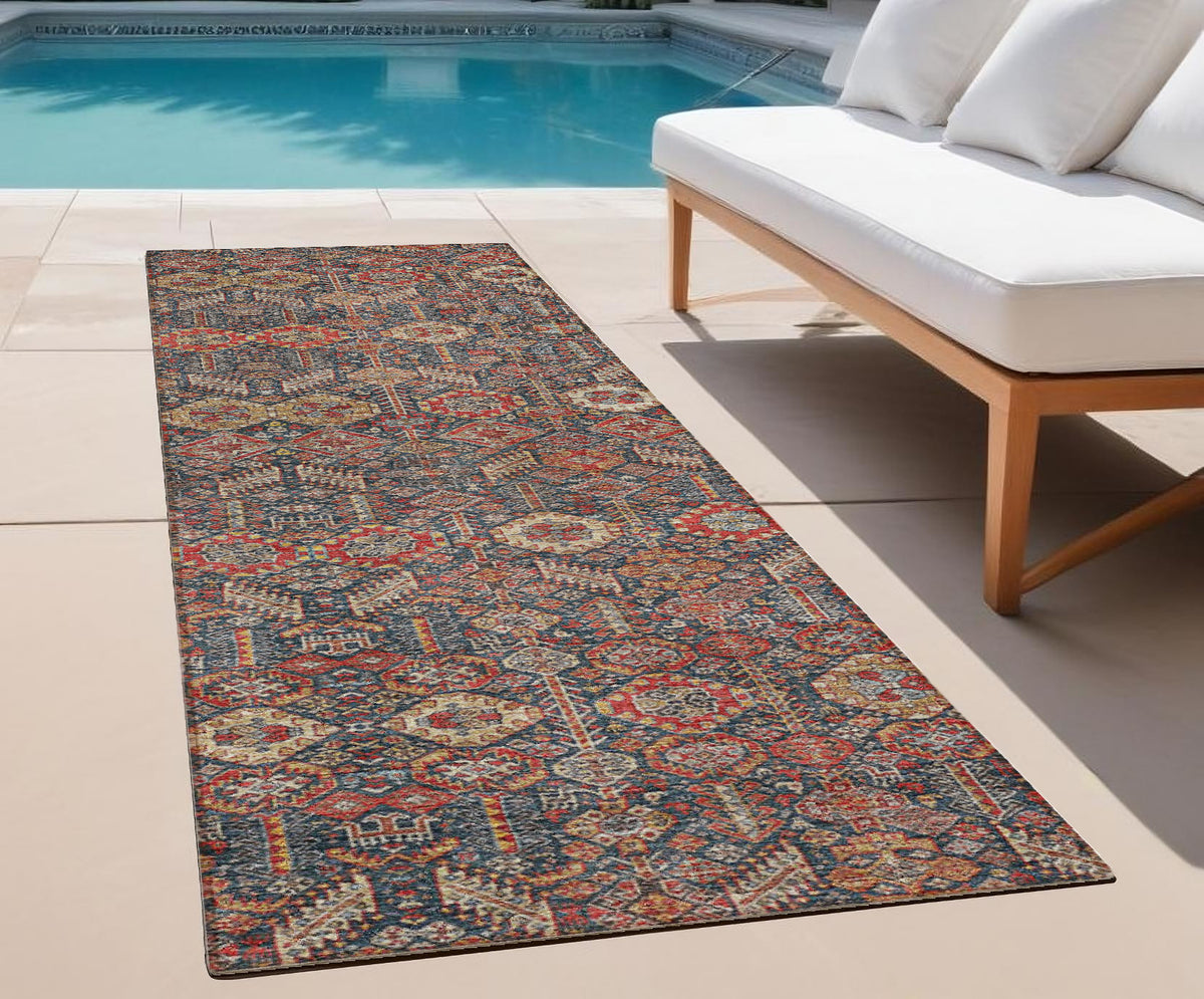 8' Runner Red And Dark Blue Floral Washable Non Skid Indoor Outdoor Runner Rug