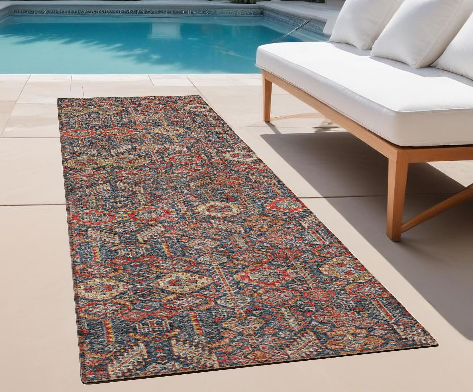 8' Runner Red And Dark Blue Floral Washable Non Skid Indoor Outdoor Runner Rug