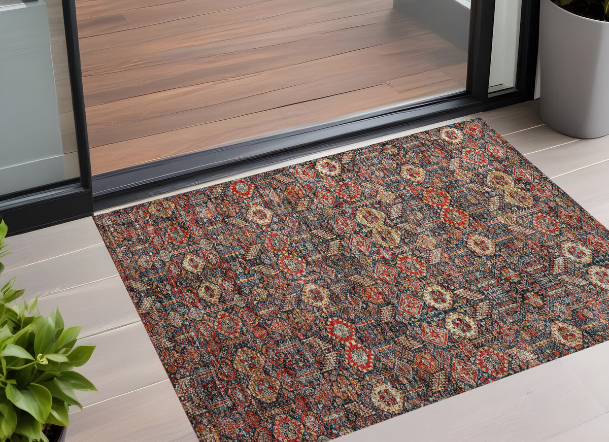 3' X 5' Red And Dark Blue Floral Washable Non Skid Indoor Outdoor Area Rug