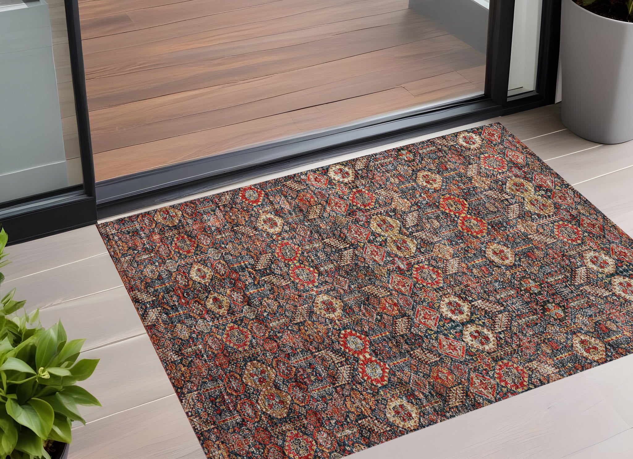 3' X 5' Red And Dark Blue Floral Washable Non Skid Indoor Outdoor Area Rug
