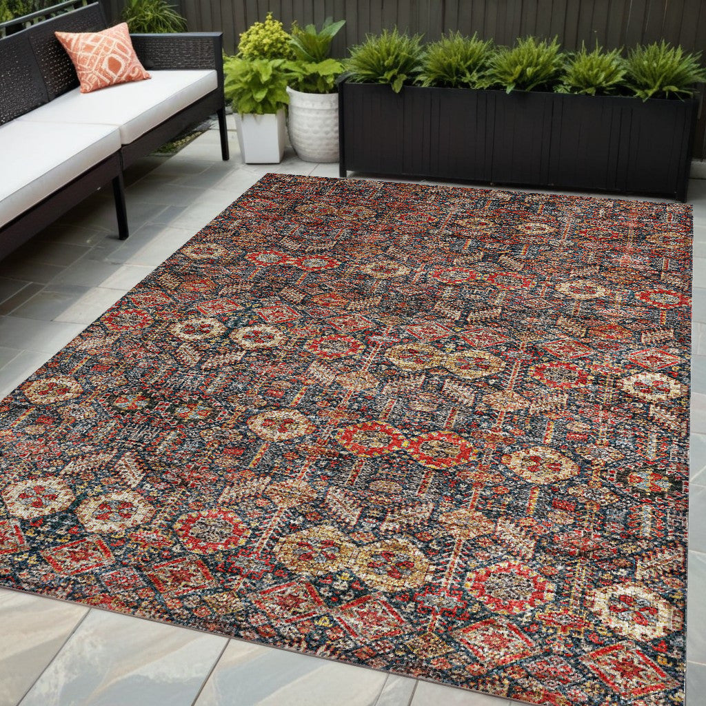 5' X 8' Red And Dark Blue Floral Washable Non Skid Indoor Outdoor Area Rug