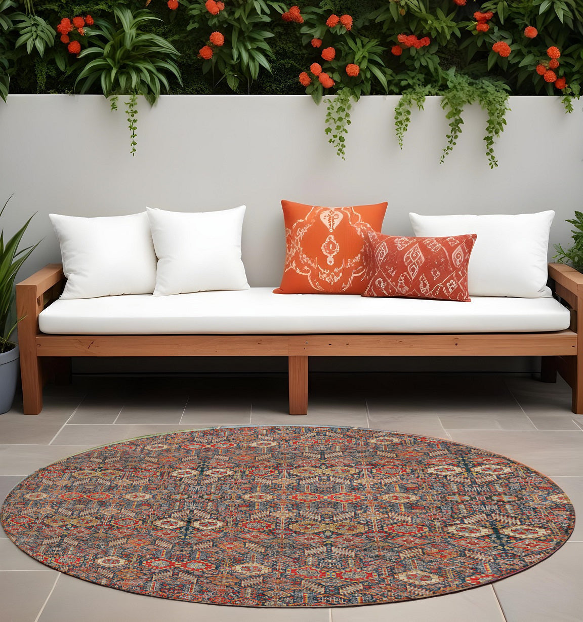 8' Round Red And Dark Blue Round Floral Washable Non Skid Indoor Outdoor Area Rug