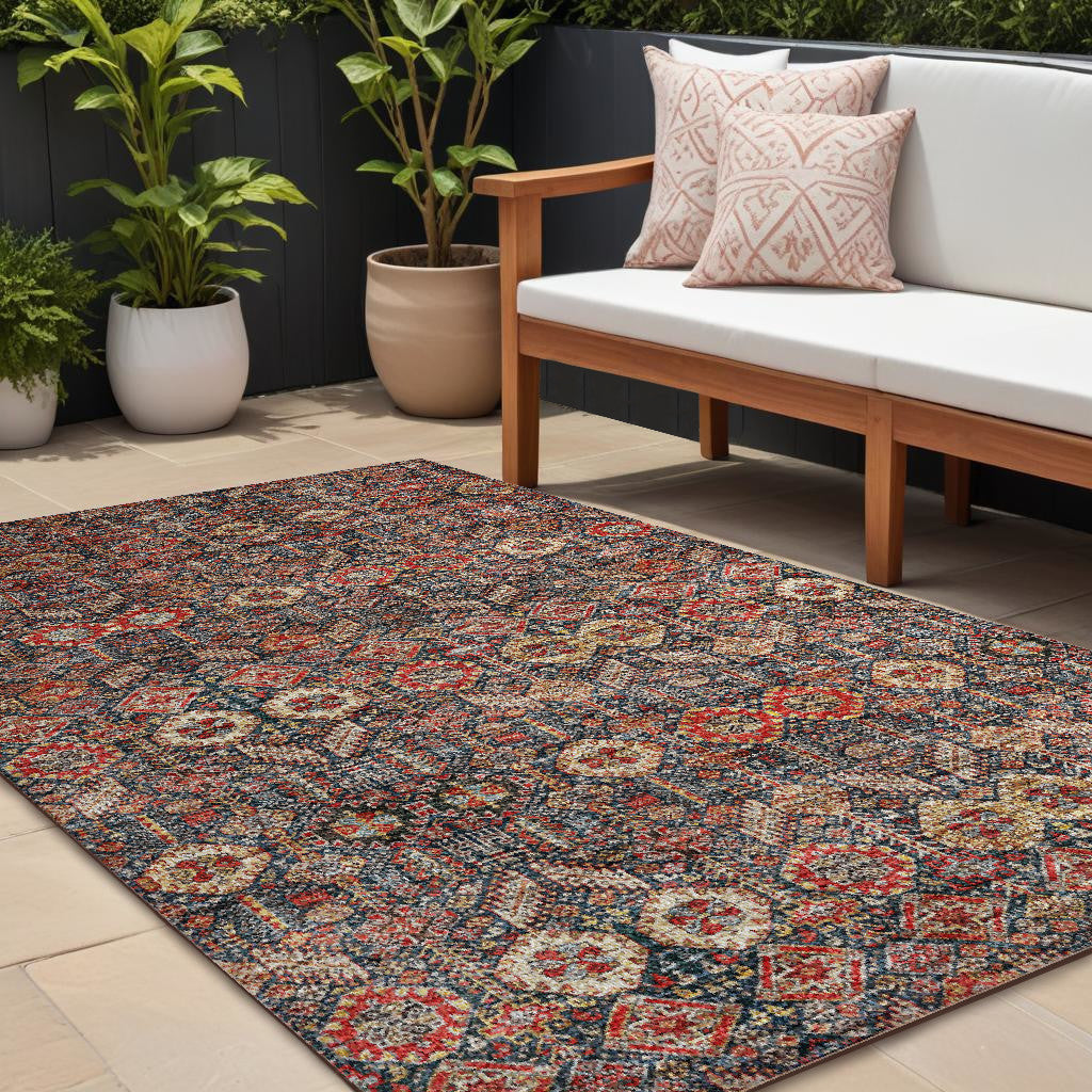 9' X 12' Red And Dark Blue Floral Washable Non Skid Indoor Outdoor Area Rug