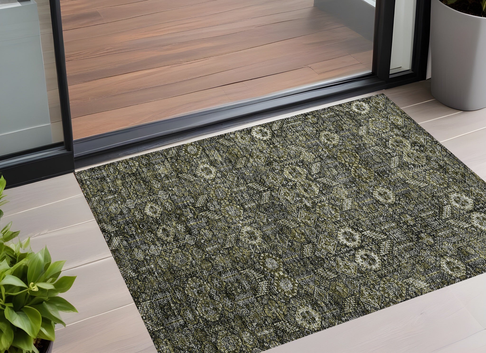 3' X 5' Moss Green And Gray Floral Washable Non Skid Indoor Outdoor Area Rug