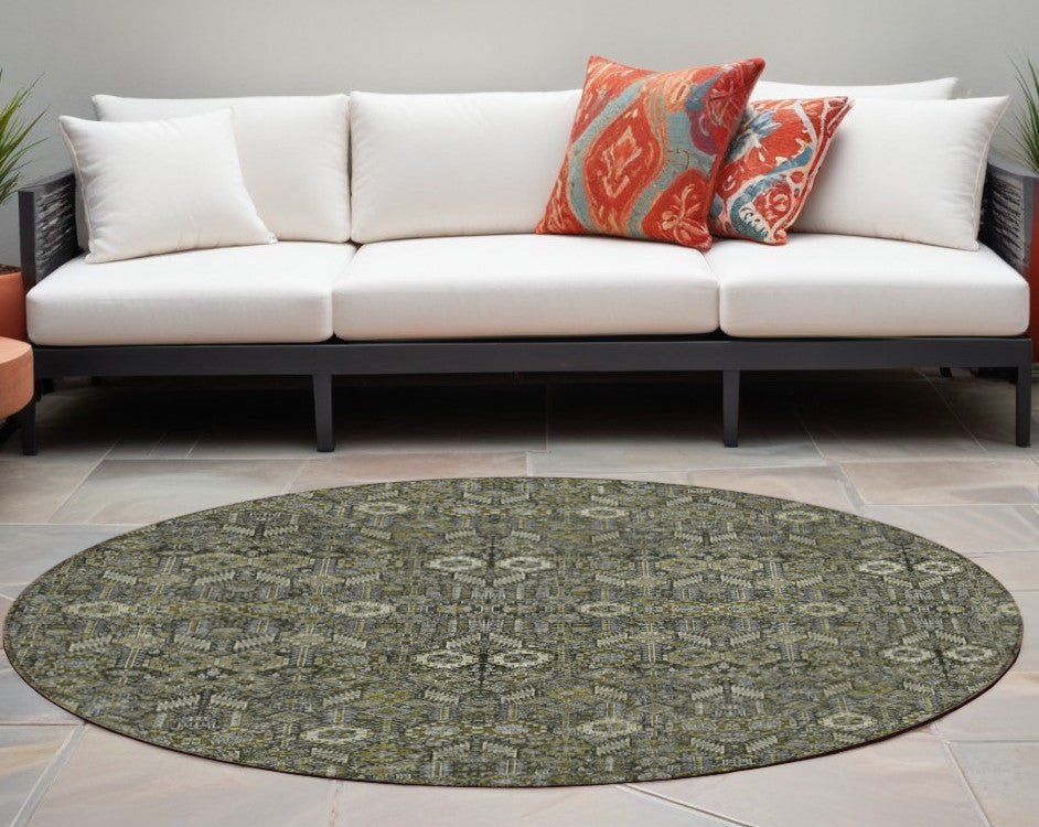 8' Round Moss Green And Gray Round Floral Washable Non Skid Indoor Outdoor Area Rug