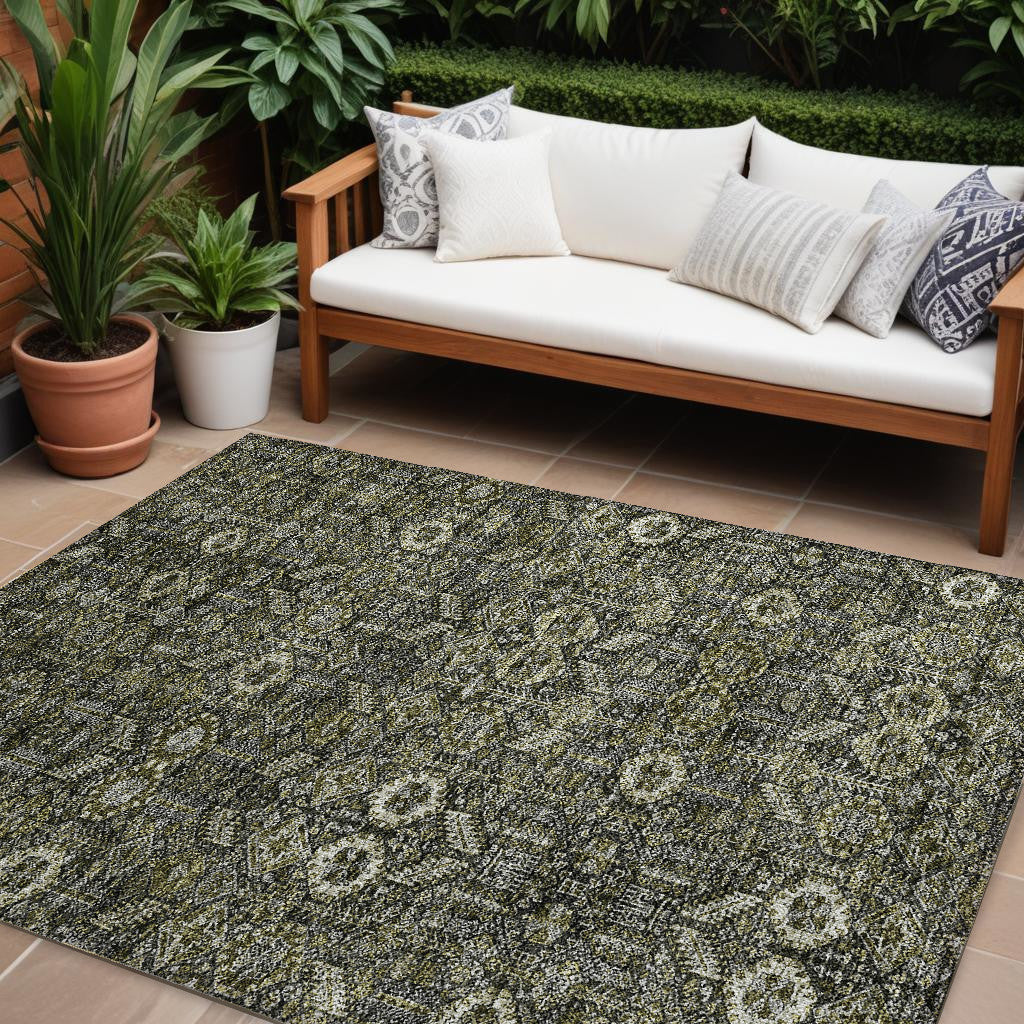 9' X 12' Moss Green And Gray Floral Washable Non Skid Indoor Outdoor Area Rug