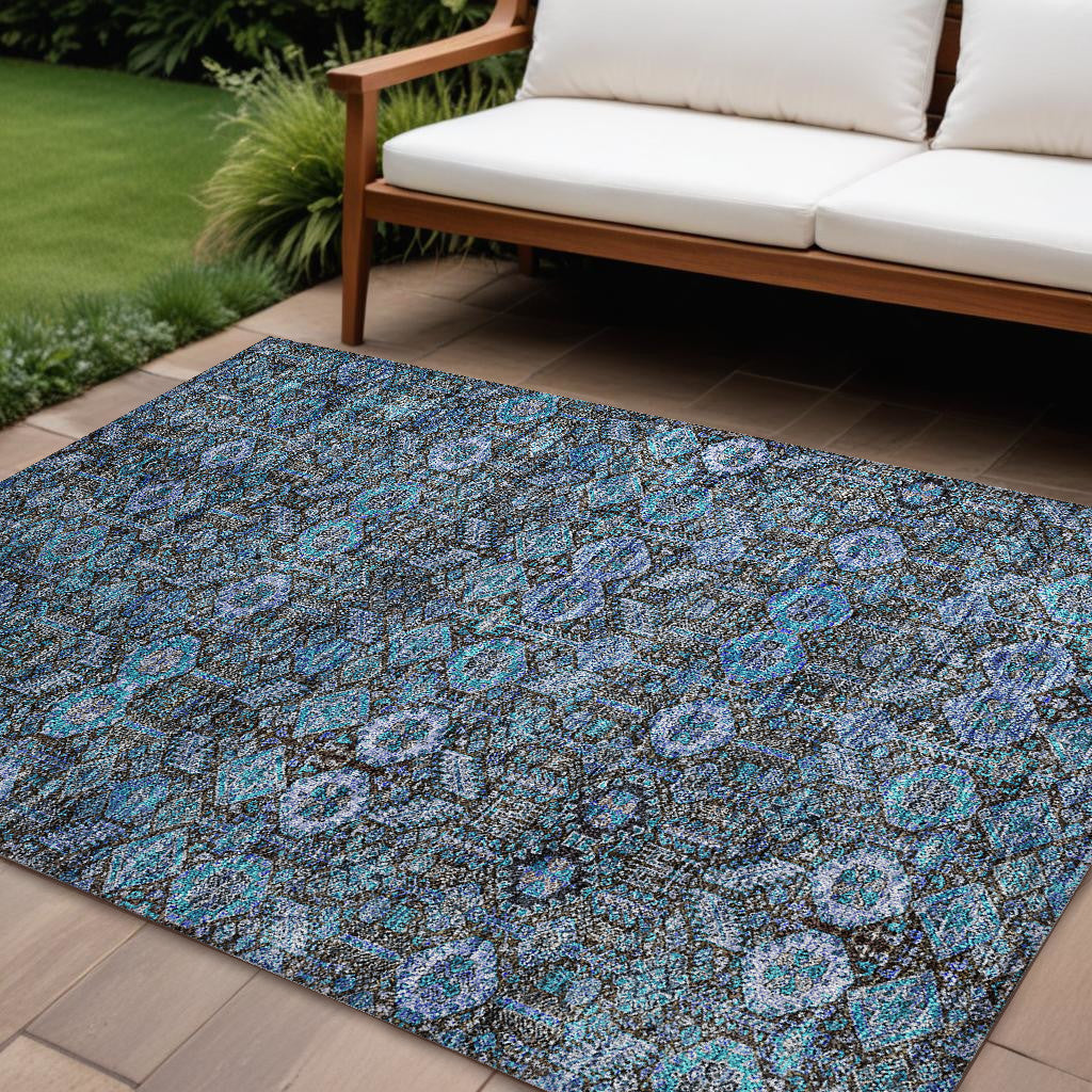 10' X 14' Blue And Coffee Floral Washable Non Skid Indoor Outdoor Area Rug